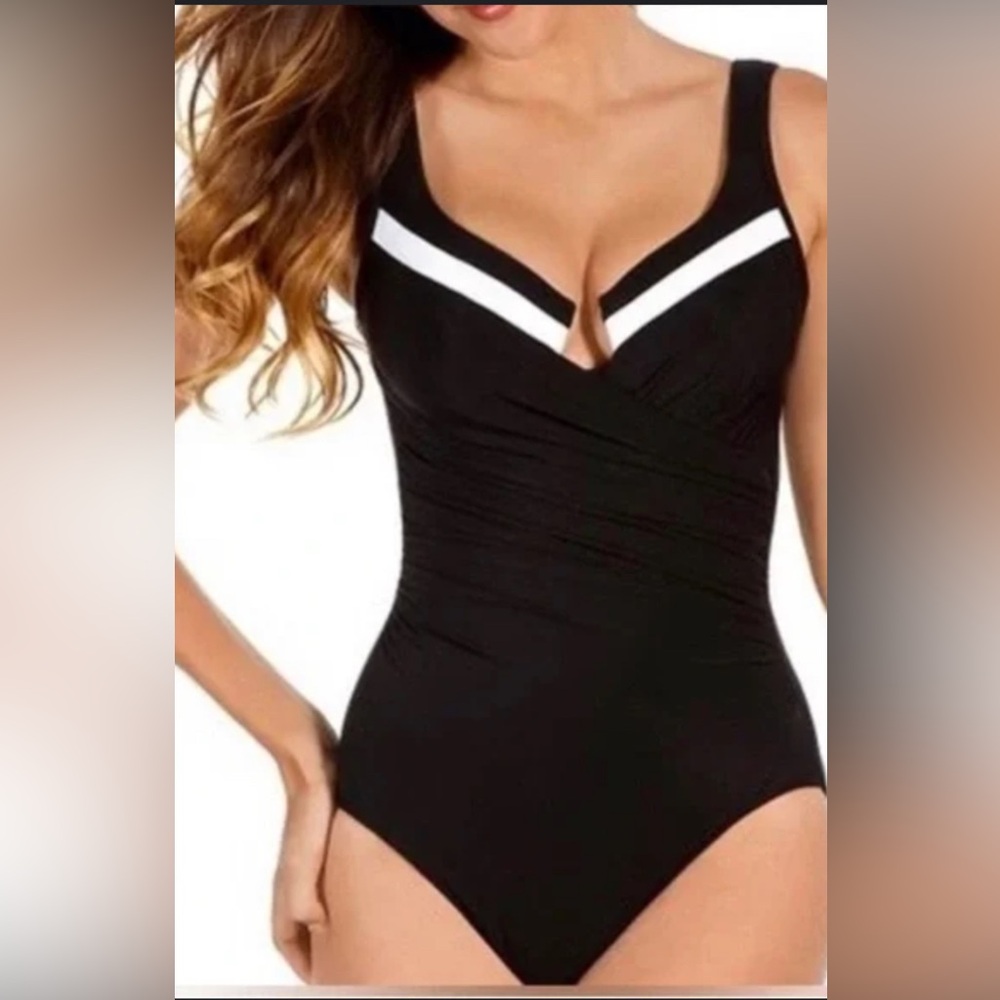Miraclesuit Black and White One Piece Swimwear with Nautical V-Neck